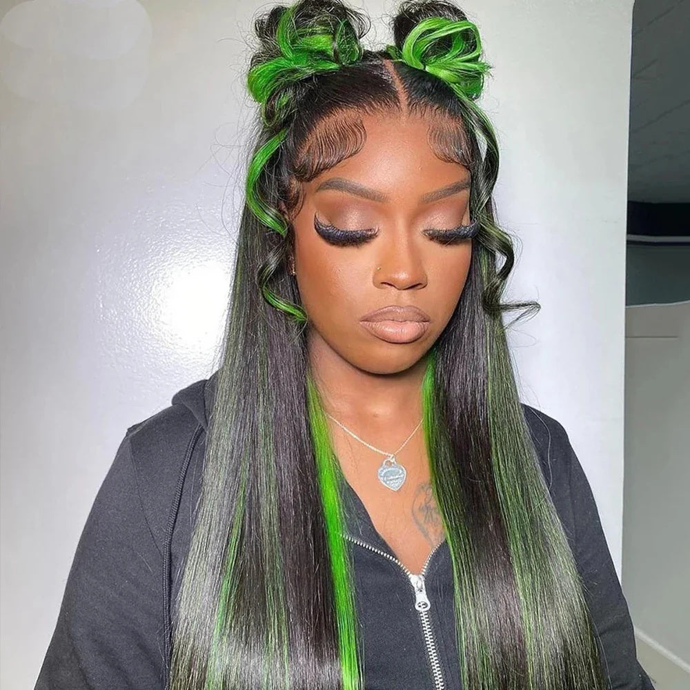 BodiModi GlamStrand® Green Highlight Lace Front Wig - Straight Hair Enhancement