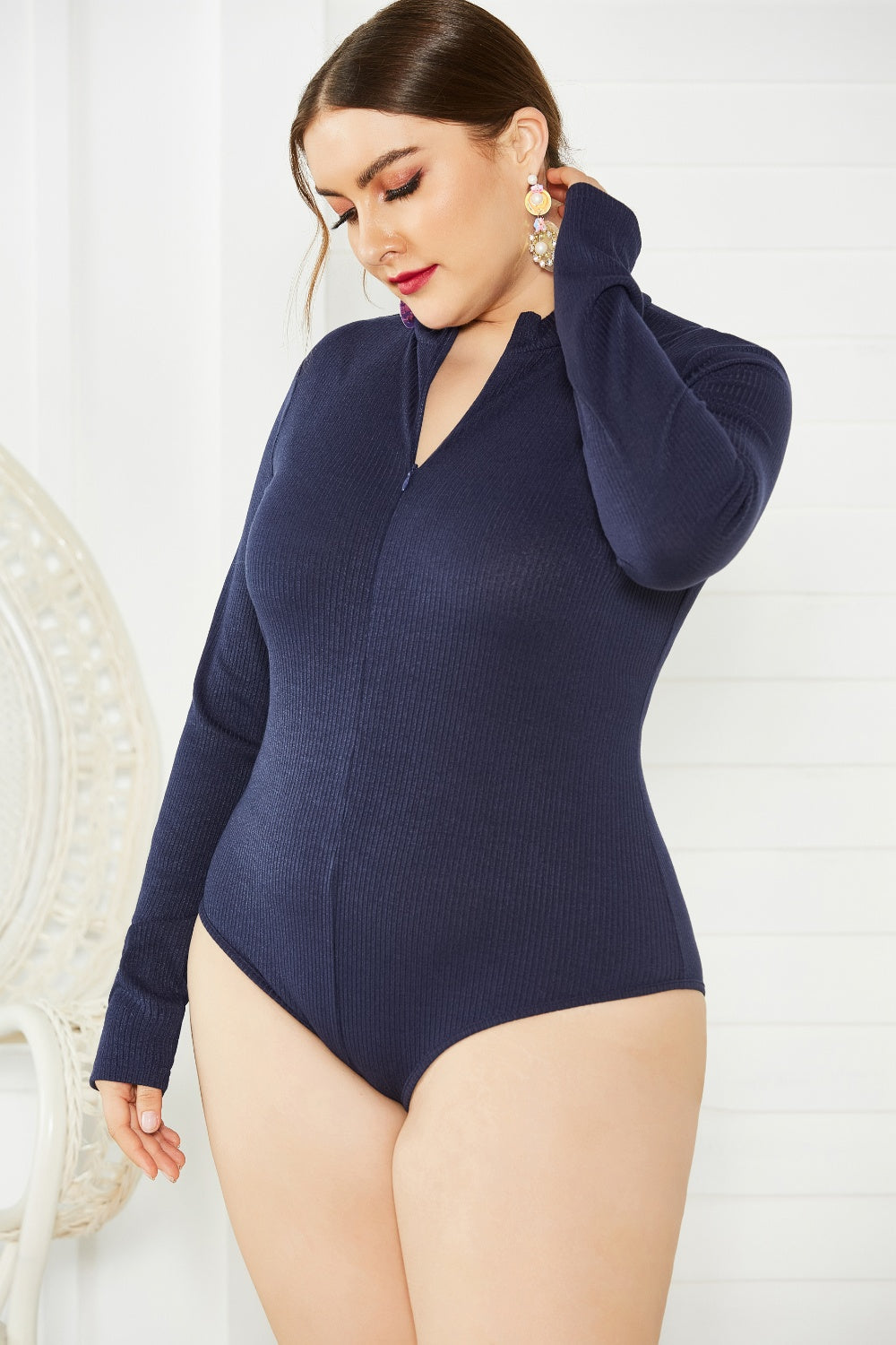 BodiModi UrbanFit ® Zip-Up Long Sleeve Bodysuit - Trendy Plus Size