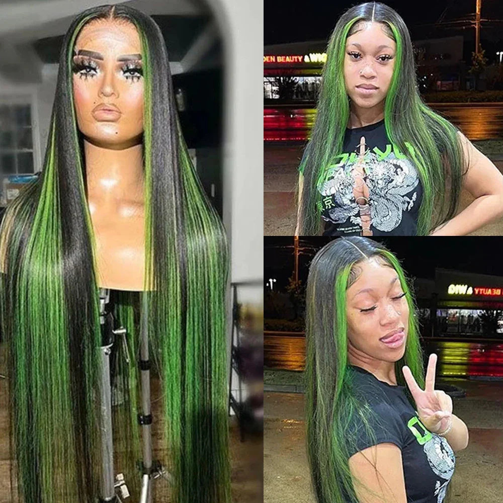 BodiModi GlamStrand® Green Highlight Lace Front Wig - Straight Hair Enhancement