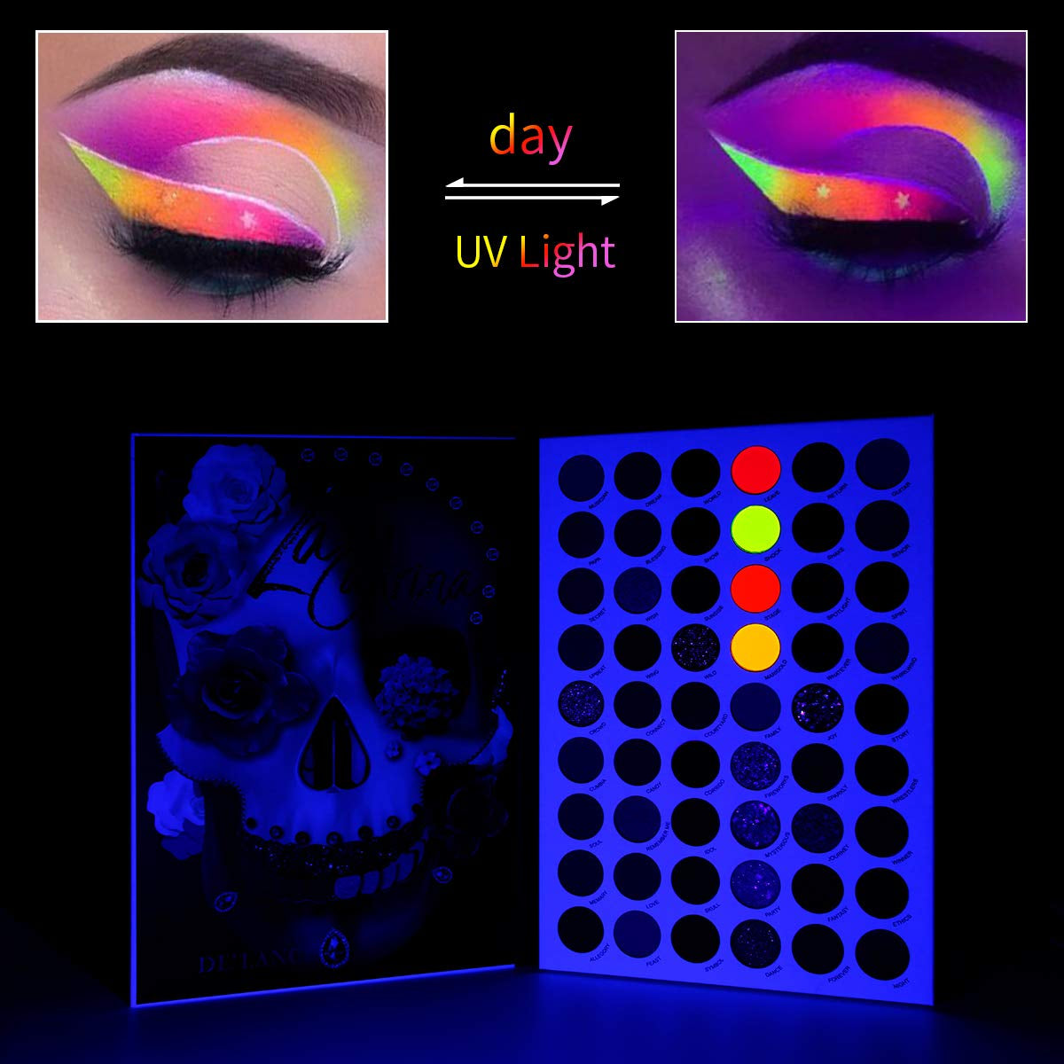 Neon Eyeshadow Palette, Highly Pigmented 54 Color Matte Shimmer Glitter Blacklight Makeup Pallet Glow in the Dark, Long Lasting Waterproof Rainbow Uv Colorful Eye Shadow for Rave,Party,Cosplay