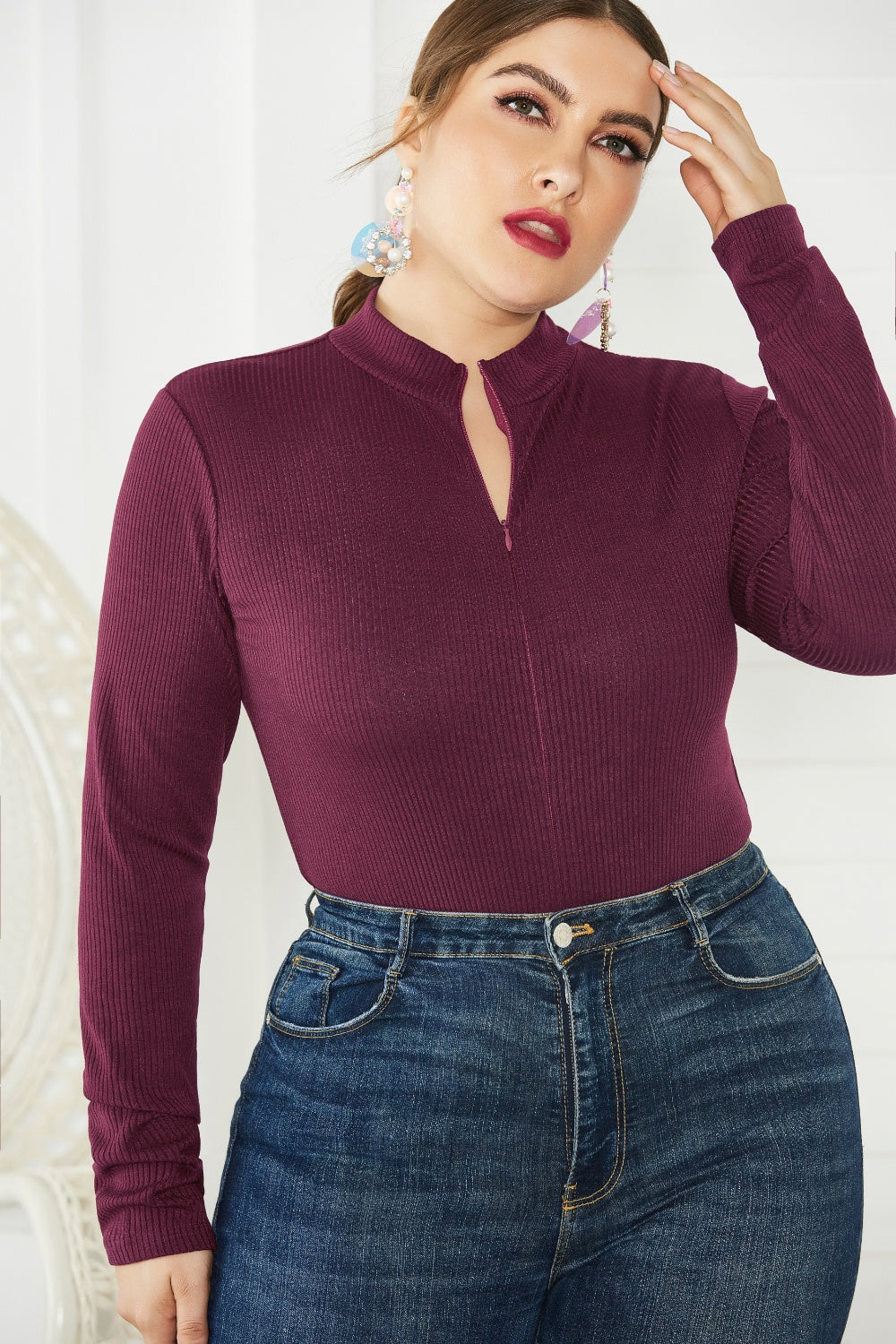 BodiModi UrbanFit ® Zip-Up Long Sleeve Bodysuit - Trendy Plus Size