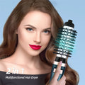 BodiModi TravelPro hair dryer brush in use — woman blow drying hair salon finish