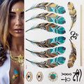 Tatuaggio temporaneo premium Boho Metallic Gold con piume da festival 