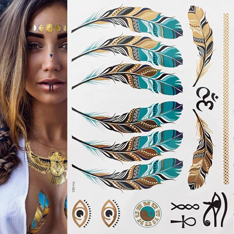 Premium Boho Metallic Gold Festival Feathers Temporary Tattoo