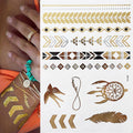 Tatuaggio temporaneo premium Boho Metallic Gold con piume da festival 