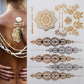Tatuaggio temporaneo premium Boho Metallic Gold con piume da festival 