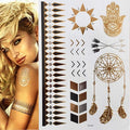 Tatuaggio temporaneo premium Boho Metallic Gold con piume da festival 