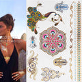 Tatuaggio temporaneo premium Boho Metallic Gold con piume da festival 