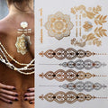 Tatuaggio temporaneo premium Boho Metallic Gold con piume da festival 