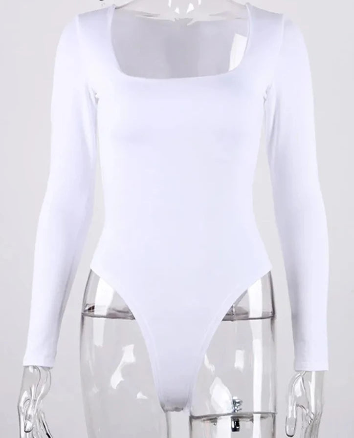 GlamAura® Women's Sexy Square Neck Bodysuit: Long Sleeve Double Lined Shirt Tops for Alluring Style