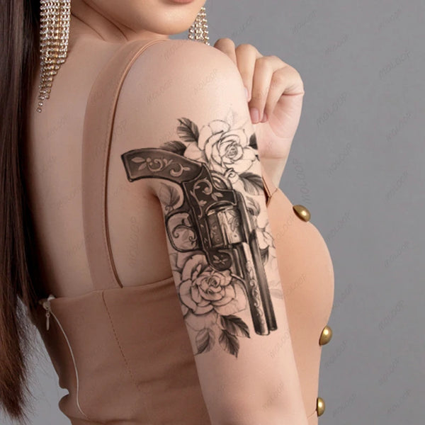 Adesivo per tatuaggio temporaneo ArtisanSkin con motivo a vite nera con pistola - Body art impermeabile