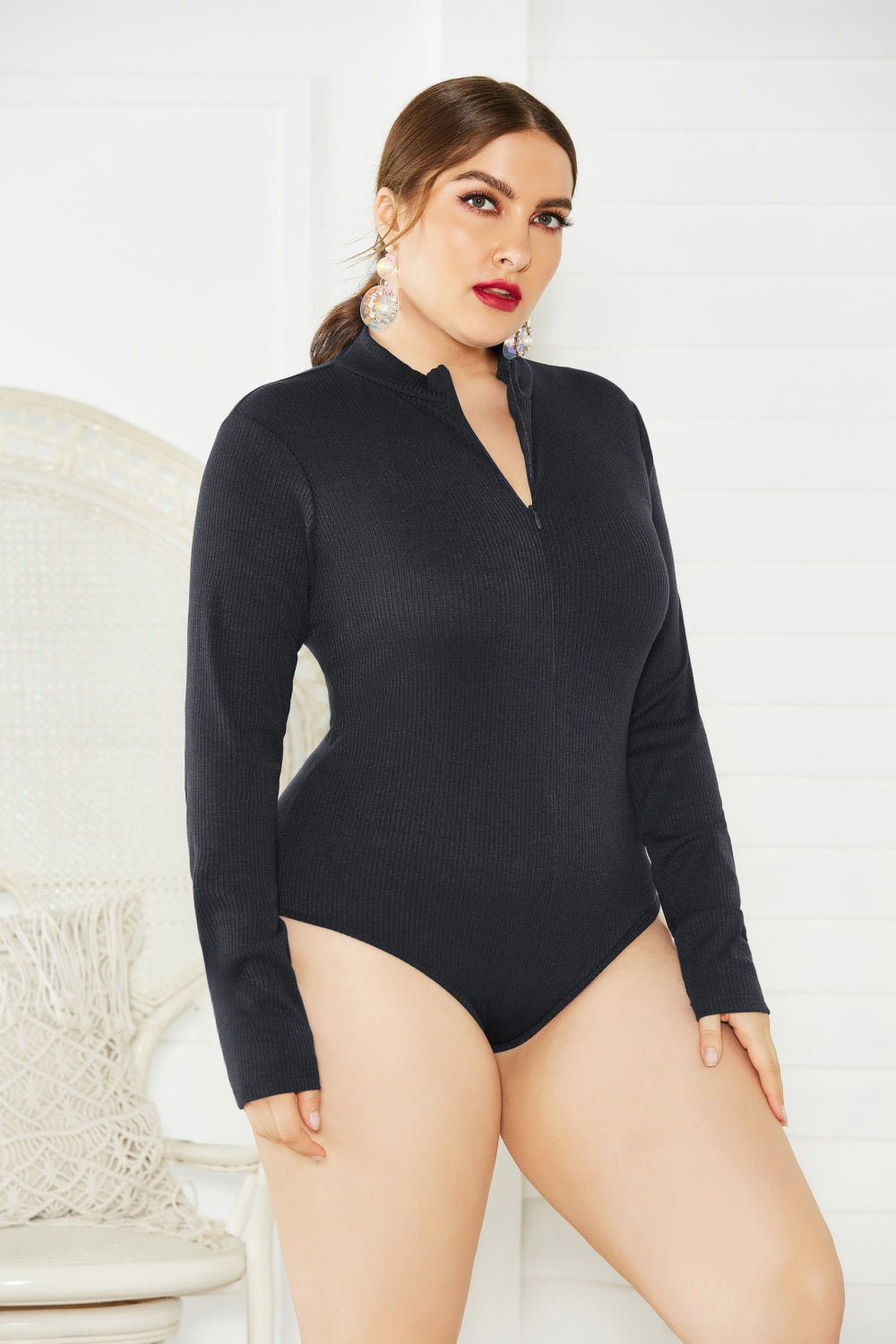 BodiModi UrbanFit® Zip-Up Long Sleeve Bodysuit - Trendy Plus Size