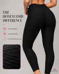 Close-up of black BodiModi anti-cellulite leggings showing raised honeycomb texture across the legs and glutes