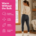 Fleece lined leggings comfort features — brushed fleece, stretch, tagless, breathable