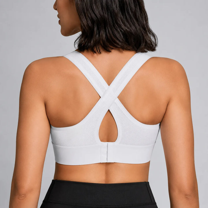 High-strength compression bra with cross-back straps, back view