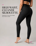 Rear view of black BodiModi HoneyComb high-waist leggings designed to complement the waist-to-ankle silhouette