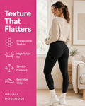 Black BodiModi HoneyComb leggings showing textured fabric, high-waist fit and stretch design