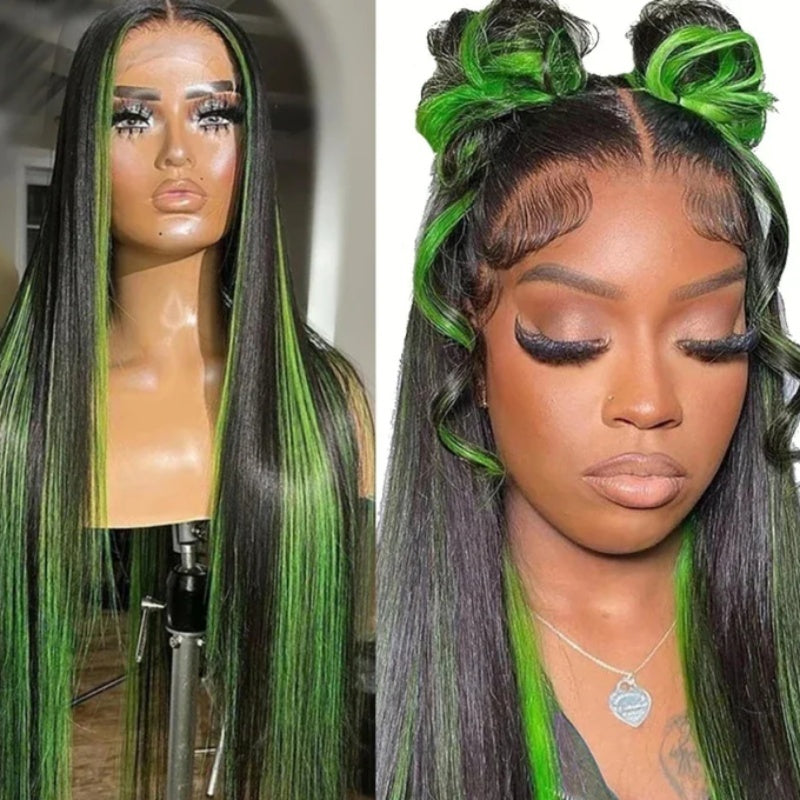 BodiModi GlamStrand® Green Highlight Lace Front Wig - Straight Hair Enhancement