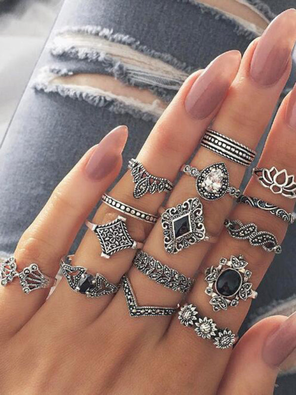 BodiModi BohoChic 15-Piece Ring Set - Geometric, Lotus, Sunflower & Black Stone Rings