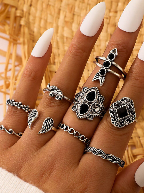 BodiModi BohoChic 15-Piece Ring Set - Geometric, Lotus, Sunflower & Black Stone Rings