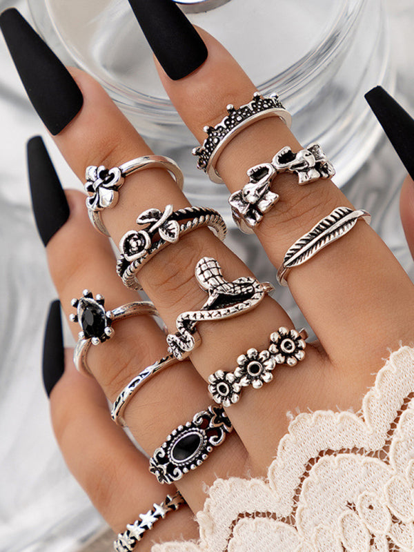 BodiModi BohoChic 15-Piece Ring Set - Geometric, Lotus, Sunflower & Black Stone Rings