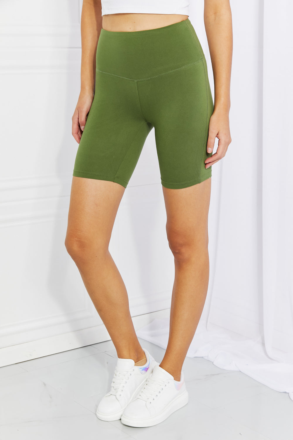 ORAND® Fearless Full Size High Waisted Yoga Brushed Cute Biker Shorts Olive