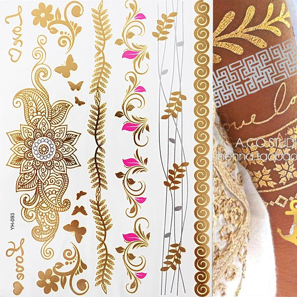 Tatuaggio temporaneo premium Boho Metallic Gold con piume da festival