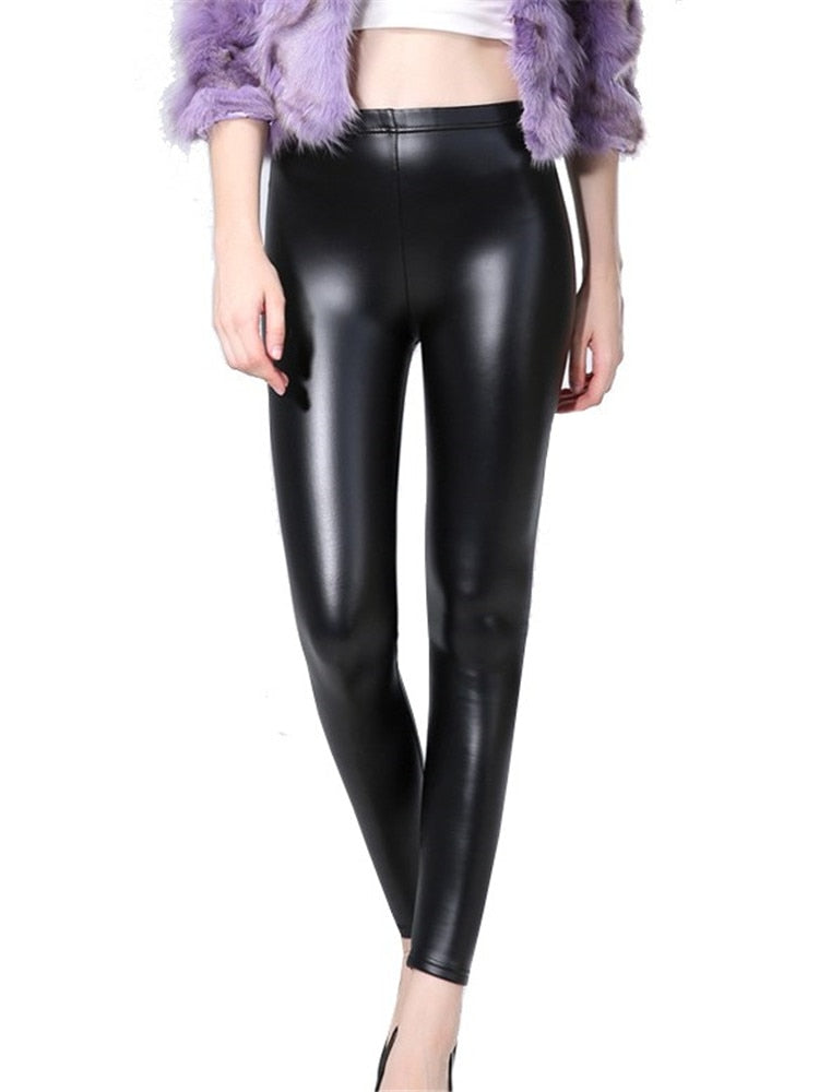 Women's Winter Faux Leather Leggings with Fleece Lining