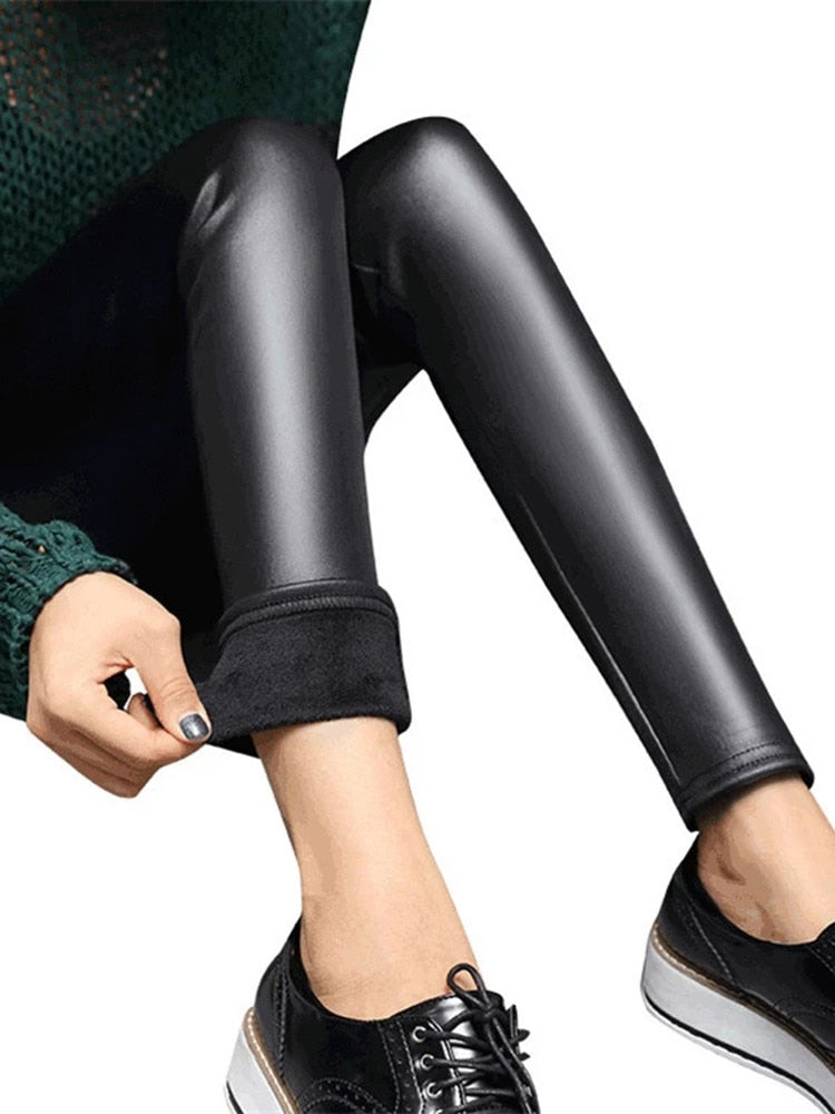 Women's Winter Faux Leather Leggings with Fleece Lining