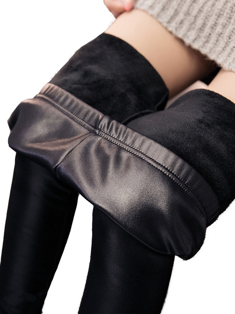 Women's Winter Faux Leather Leggings with Fleece Lining